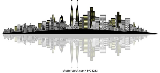 Vector - Brightly lit modern city with reflections.