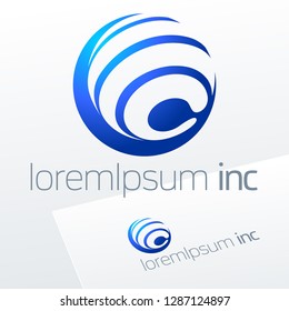 Vector briht Sign in sphere shape. Blue Logo for Business, Technology, Corporation. 
