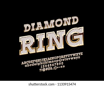 Vector Brilliant And Golden Logo Diamond Ring. Rich Royal Font. Luxury Exclusive Alphabet Letters, Numbers And Symbols With Gem