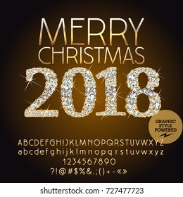 Vector Brilliant Happy New Year 2018 Greeting Card with set of letters, symbols and numbers. Golden Font contains Graphic Style