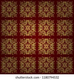 Vector brilliant lace, stylized flowers, paisley. Seamless pattern of golden textured curls. Openwork weaving delicate, golden background. Oriental style arabesques on a red backdrop.