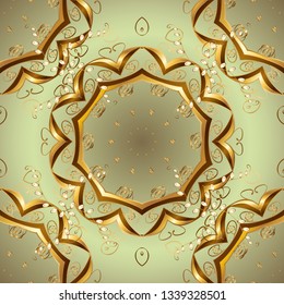 Vector. Brilliant lace, stylized flowers, paisley. Openwork golden pattern. Oriental style arabesques. Seamless pattern on brown and neutral colors with golden elements. Seamless golden texture curls.