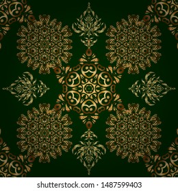 Vector brilliant lace, stylized flowers, paisley. Openwork weaving delicate, golden background. Oriental style arabesques on a backdrop. Seamless pattern of golden textured curls.