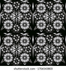 Vector brilliant lace, stylized flowers, paisley. Seamless pattern of silver textured curls. Openwork weaving delicate, silver background. Oriental style arabesques on a white, gray and black backdrop