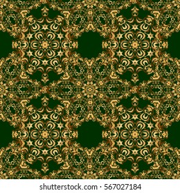 Vector brilliant lace, stylized flowers, paisley. Oriental style arabesques on a green backdrop. Openwork weaving delicate, golden background. Seamless pattern of golden textured curls.