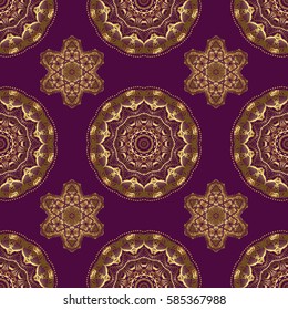 Vector brilliant lace, stylized flowers, paisley. Oriental style arabesques on a purple backdrop. Openwork weaving delicate, golden background. Seamless pattern of golden textured curls.