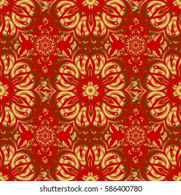 Vector brilliant lace, stylized flowers, paisley. Seamless pattern of golden textured curls. Oriental style arabesques on a red backdrop. Openwork weaving delicate, golden background.