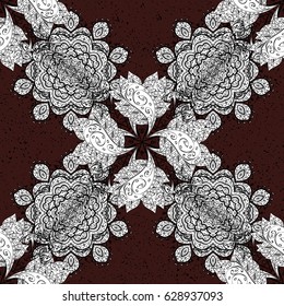 Vector. Brilliant lace, stylized flowers, paisley. Openwork delicate white pattern. Oriental style arabesques. Seamless white texture curls. Seamless pattern on brown background with white elements.