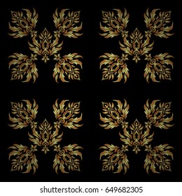 Vector brilliant lace, stylized flowers, paisley. Openwork weaving delicate, golden background. Seamless pattern of golden textured curls. Oriental style arabesques on a black backdrop.