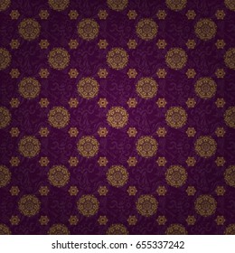 Vector brilliant lace, stylized flowers, paisley. Seamless pattern of golden textured curls. Oriental style arabesques on a purple backdrop. Openwork weaving delicate, golden background.