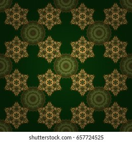 Vector brilliant lace, stylized flowers, paisley. Oriental style arabesques on a green backdrop. Openwork weaving delicate, golden background. Seamless pattern of golden textured curls.