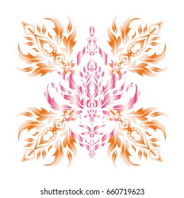 Vector brilliant lace, stylized flowers, paisley. Seamless pattern of orange and pink textured curls. Oriental style arabesques on a white backdrop. Openwork weaving delicate, abstract background.