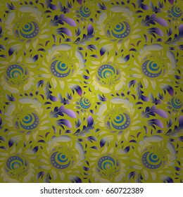 Vector brilliant lace, stylized flowers, paisley. Oriental style arabesques. Openwork weaving delicate, abstract background. Seamless pattern of yellow, violet and blue textured curls.