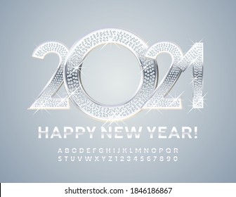 Vector brilliant and silver greeting card Happy New Year 2021! Modern glossy Font. White Alphabet Letters and Numbers set