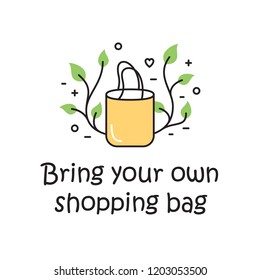 Vector Bring Your Own Shopping Bag background template. Color outline icon banner for shop, market. Zero Waste Illustration Poster. No Plastic and Go Green concept