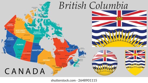 Vector of British Columbia coat of arms, flag, and map. Great for use in Canadian design, government, education, and regional identity projects.