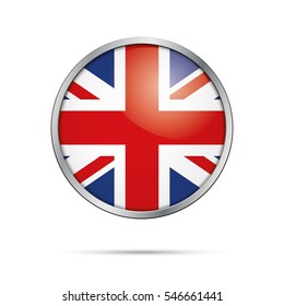 Vector British flag Button. United Kingdom flag glass button style with metal frame.