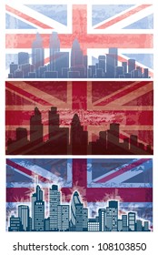 Vector of British flag grunge background  with London city on