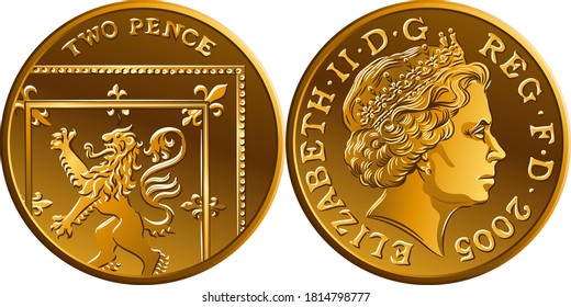 Vector British gold coin Two pee or 2 pence, reverse with Segment of Royal Shield