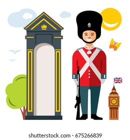 Guardián británico vector. Dibujo de caricaturas de color plano.