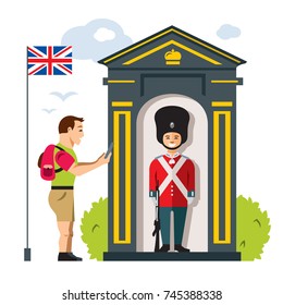 Vector British guardsman and tourist. Flat style colorful Cartoon illustration.