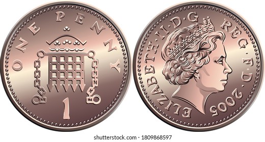 Vector british money bronze coin One penny, crowned portcullis with chains on reverse, queen on obverse