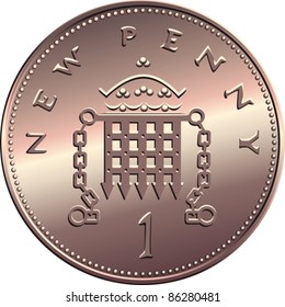 vector British money bronze coin new one penny with portcullis and crown, isolated on white background