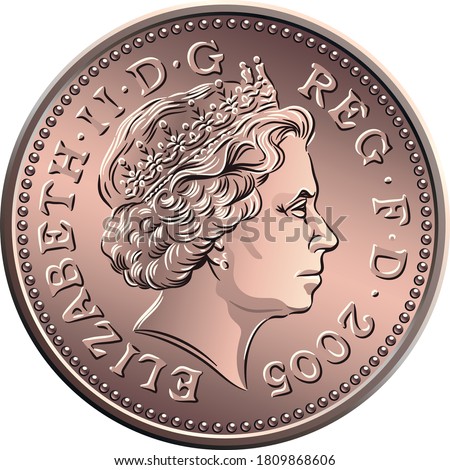 Vector british money bronze coin One penny, queen on obverse