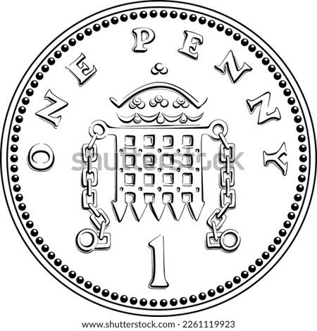 Vector british money bronze coin One penny, crowned portcullis with chains on reverse. Black and white