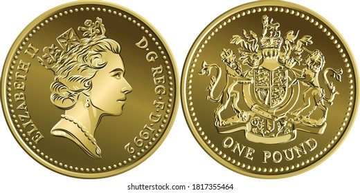 Vector British money coin one pound with heraldic lion, unicorn, shield and crown on reverse and queen on obverse