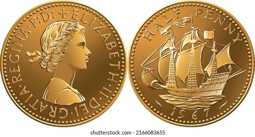 Vector British money coin One old halfpenny with galleon on reverse and queen on obverse