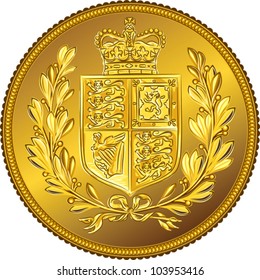 vector British money gold coin Sovereign with the image of a heraldic shield and crown, isolated on white background