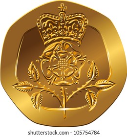 vector British money gold coin Reverse twenty pences with the image of Crowned rose flower (Rosa Tudor - the emblem of England)