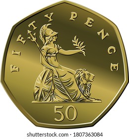 Vector British money gold coin fifty pee or pence, reverse with seated Britannia alongside lion, with olive branch and trident