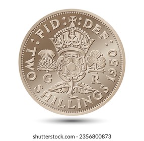 Vector British money gold coin Two shillings, King George VI florin with crowned rose, thistle and shamrock, Rosa Tudor - emblem of England. Vector illustration.