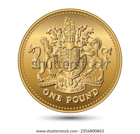 Vector British money gold coin one pound with the image of a lion, unicorn, shield and crown. Vector illustration.