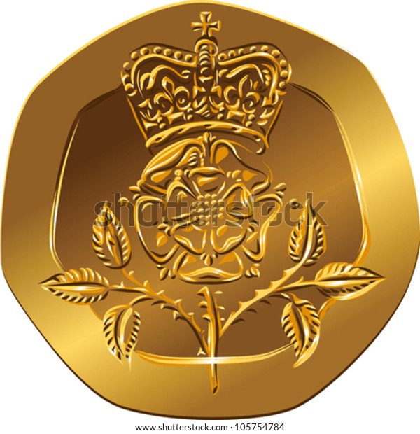 vector British money gold coin Reverse twenty\
pences with the image of Crowned rose flower (Rosa Tudor - the\
emblem of England)