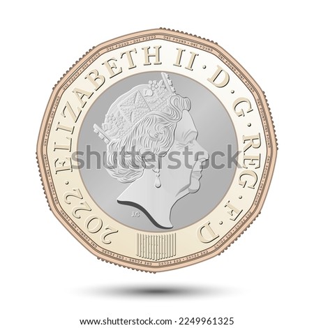 Vector British one pound cash coin with queen on obverse.