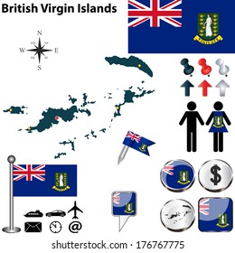 Vector of British Virgin Islands set with detailed country shape with region borders, flags and icons