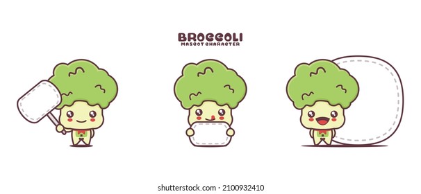 vector broccoli cartoon mascot, vegetable illustration, with blank board banner, isolated on a white background.