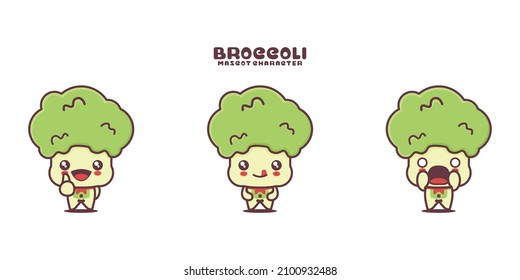 vector broccoli cartoon mascot, vegetable illustration, with different expressions, isolated on a white background.