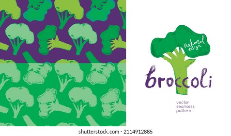 Vector broccoli pattern seamless. Green cabbage flowering illustrations. Vegan restaurant background, vegetarian wallpaper. Organic food ornament. Textured vegetable backdrop for farmers market design