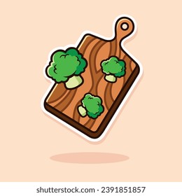 verduras de brócoli vectorial y tabla de corte de madera. icono de tiras cómicas. Por una pegatina divertida. Estilo de diseño de ilustración plana.