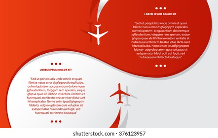 Vector brochure with airplanes and airplane stream jet, minimalistic style, card for travel agencies, aviation companies.