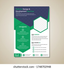 Vector Brochure, Annual Report, Flyer, Magazine Template. Modern Blue And Green Geometric Design. Vertical Layout With White Background. Hexagon Shape Space Of Photo Collage. 