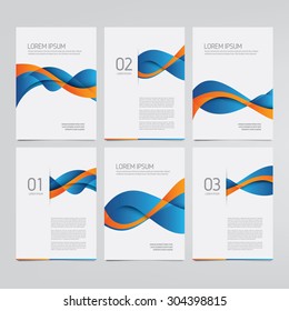 Vector brochure, annual report, flyer, magazine templates. Set of blue and orange wave designs.