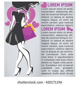 vector brochure background with image of elegant girl and shopping bag