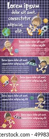 Vector brochure backgrounds with astronaut cartoon children in the space. Infographic template design.