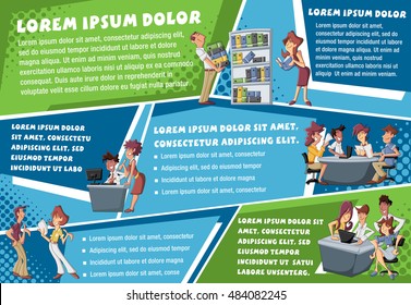 Panorama de vectores con gente de negocios de caricaturas que trabaja en la oficina. Diseño de plantilla de información.