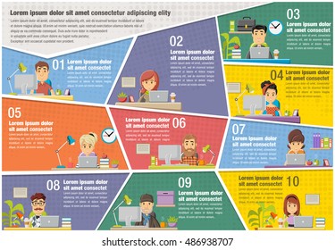 Vector brochure backgrounds with cartoon business people working on office. Infographic template design.
